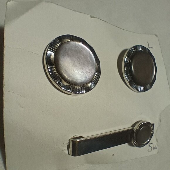 Vintage Cufflinks TIE BAR Set MCM Mens SWANK SMOKEY GRAY PEARLOID Mid Century - Picture 2 of 5